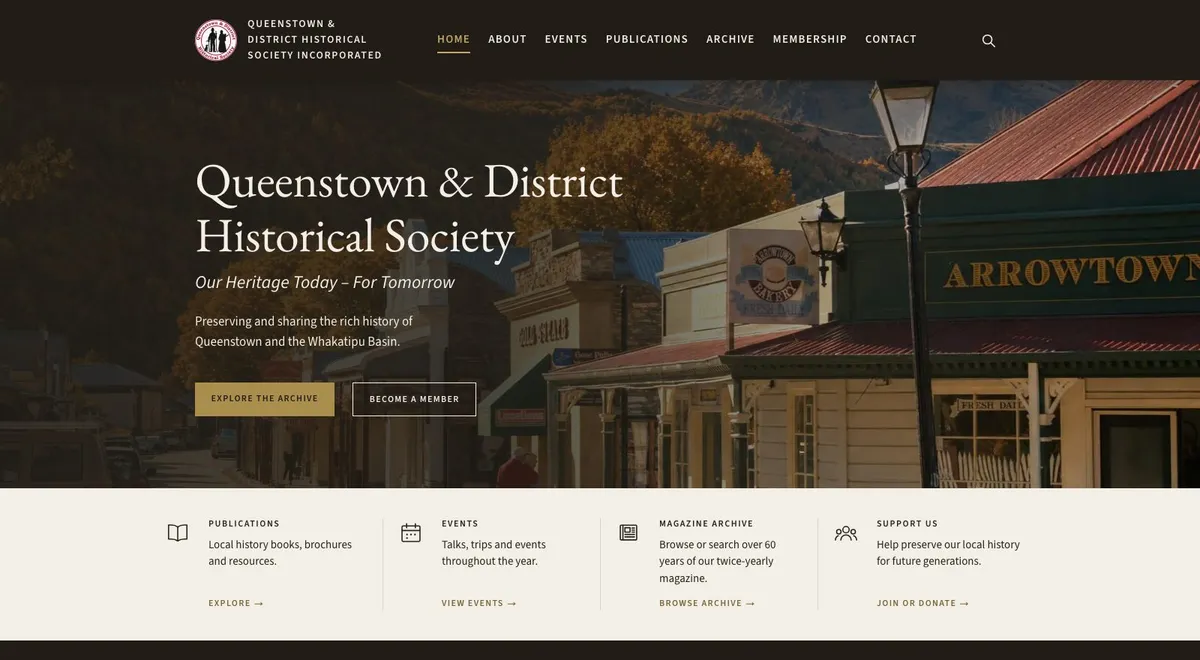 Queenstown & District Historical Society homepage with links to publications, events, the magazine archive and membership