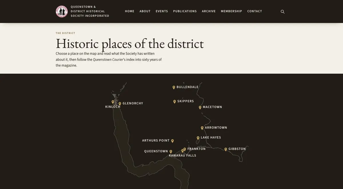 Map of historic places in the district, from Kinloch and Glenorchy to Skippers, Arrowtown and Gibbston