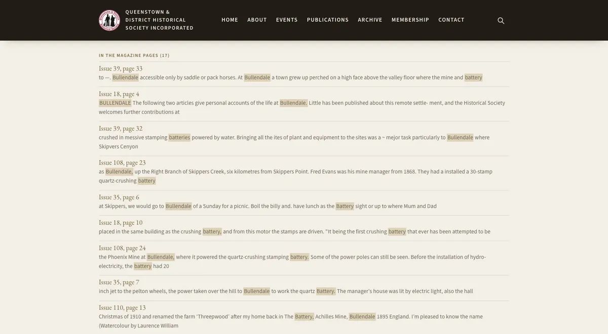 Site search results for Bullendale battery, listing matching Queenstown Courier pages with the words highlighted