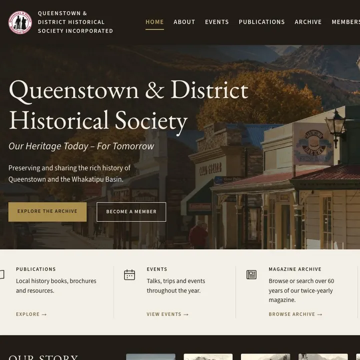 Queenstown & District Historical Society homepage over an Arrowtown street scene