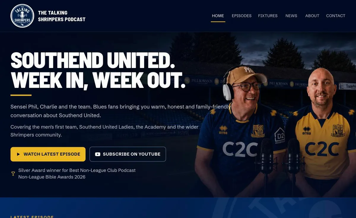 Talking Shrimpers homepage hero with the two hosts at Roots Hall