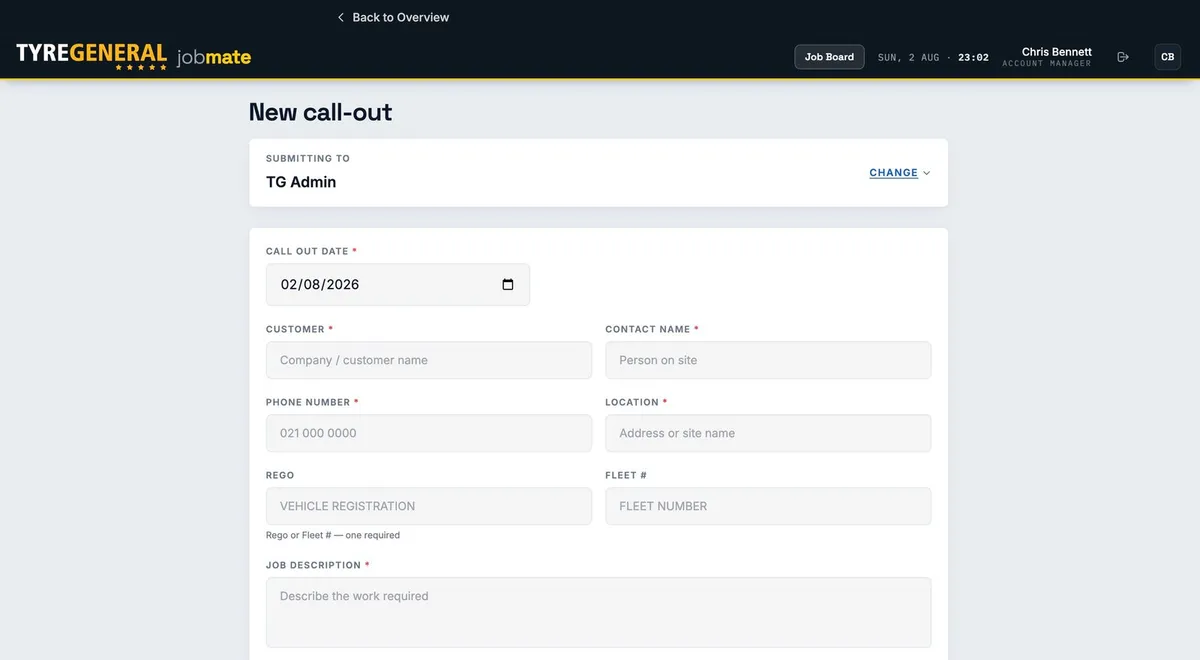 Jobmate new call-out form: customer, location, rego and job description