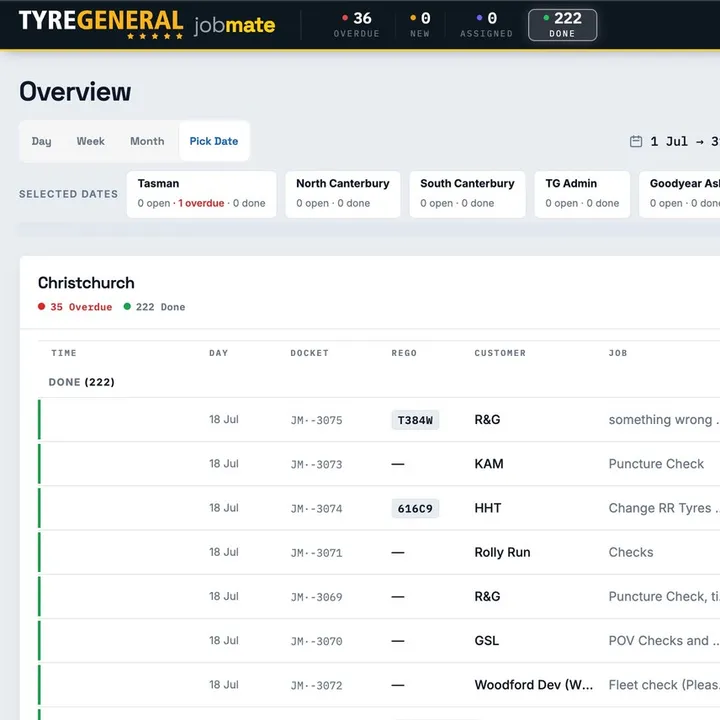 Tyre General Jobmate overview: live branch boards and job tracking