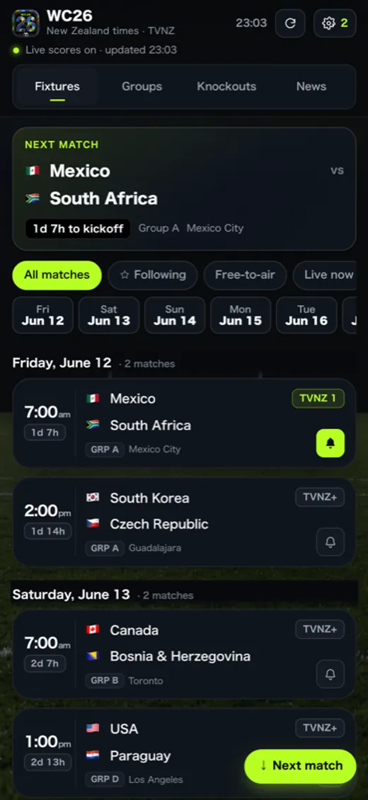 WC26 fixtures and live scores on iPhone