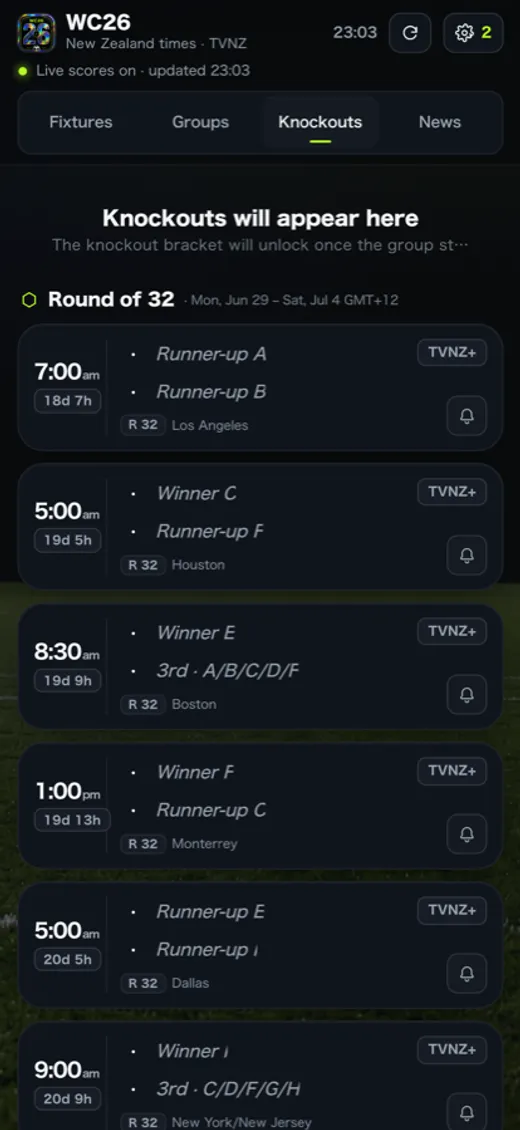 WC26 knockout bracket on iPhone
