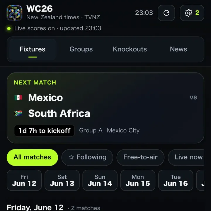 WC26 fixtures screen with live scores and the next match card